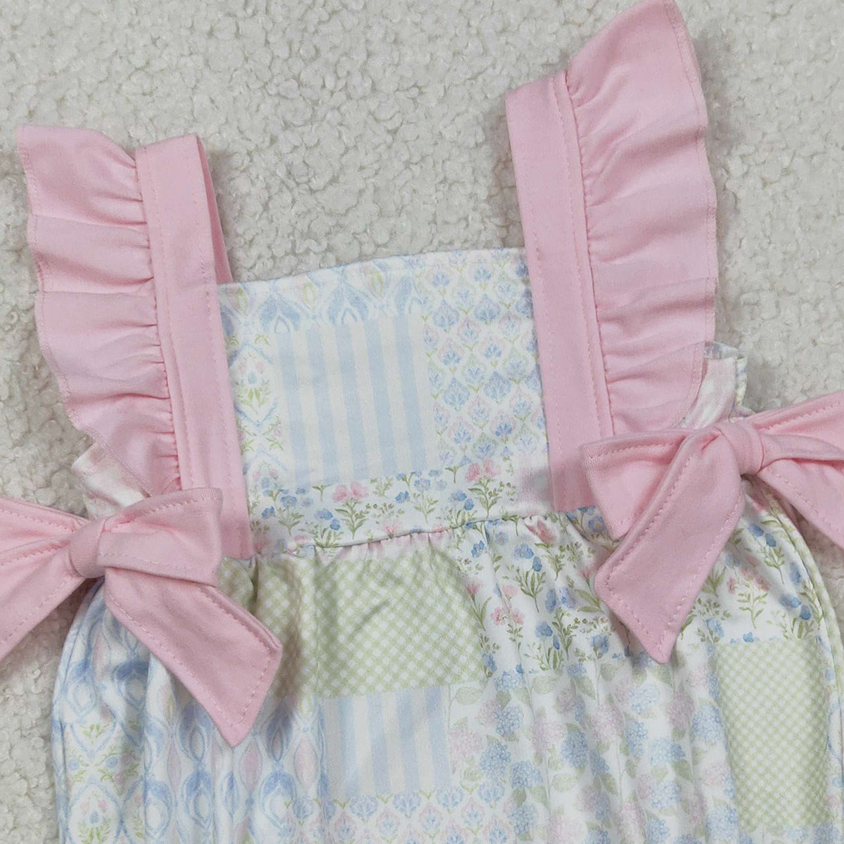 1.31 RTS NO MOQ （In stock）SR3675 Baby Girls Pink Flutter Sleeve Bows Flowers Checked Ruffle Rompers