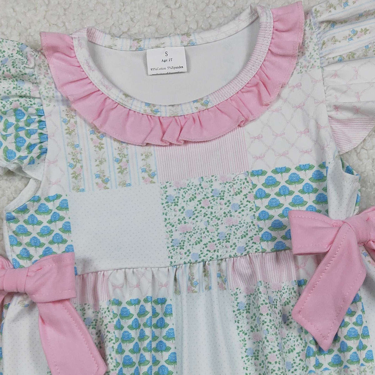 11.6 RTS NO MOQ （In stock）SR3293 Baby Boys Summer Rompers Baby Girls Bows Flowers Checked Bows Flutter Sleeve Ruffle Rompers