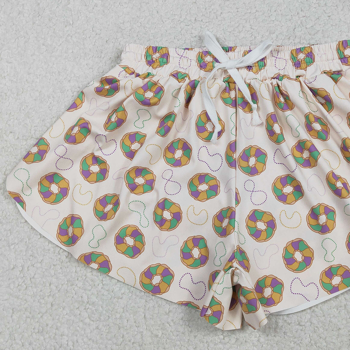 12.2 RTS NO MOQ （In stock）SS0683 Adult Women Mardigras Donuts Necklaces Yoga Active Ruffle Shorts Bottoms