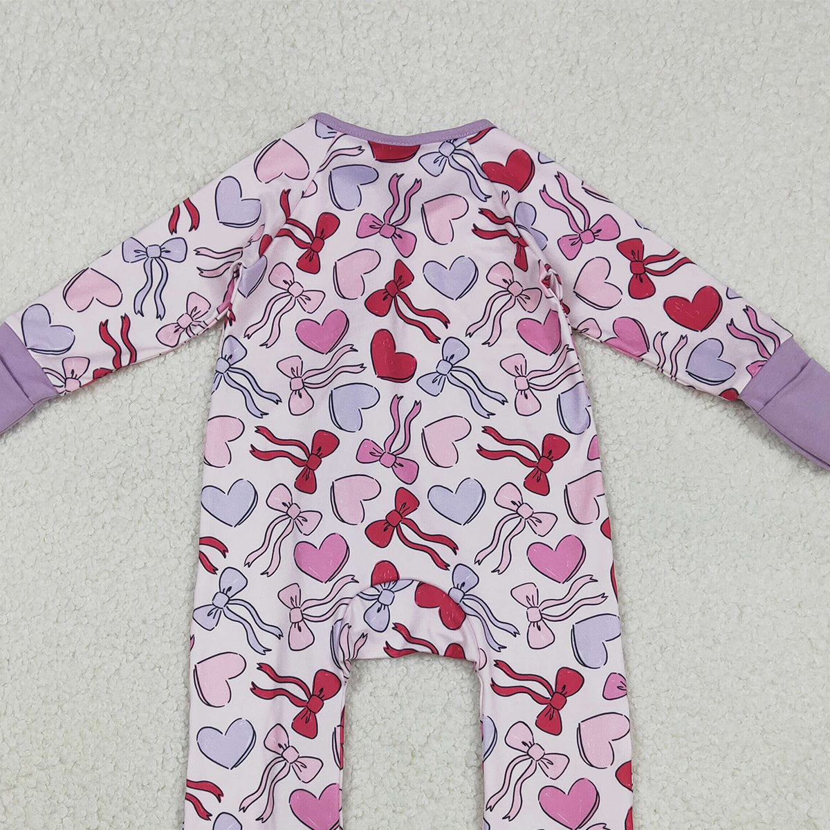 12.4 RTS NO MOQ （In stock）LR2883 Baby Boys Winter Rompers Baby Girls Long Sleeve Hearts Bows Valentines Two Way Zip Convertible Rompers