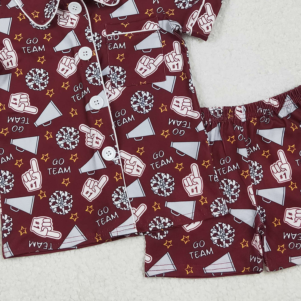 RTS NO MOQ （In stock）GSSO2678 Baby Girls Summer Pajamas Outfits Dark Red Short Sleeve Button Top Pajamas Set Cheer Team Outfit Comfortable Sleepwear for Infants