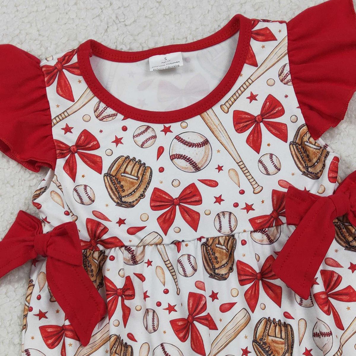 1.23 RTS NO MOQ （In stock）SR3834 Baby Girls Flutter Sleeve Baseballs Bows Team Ruffle Rompers