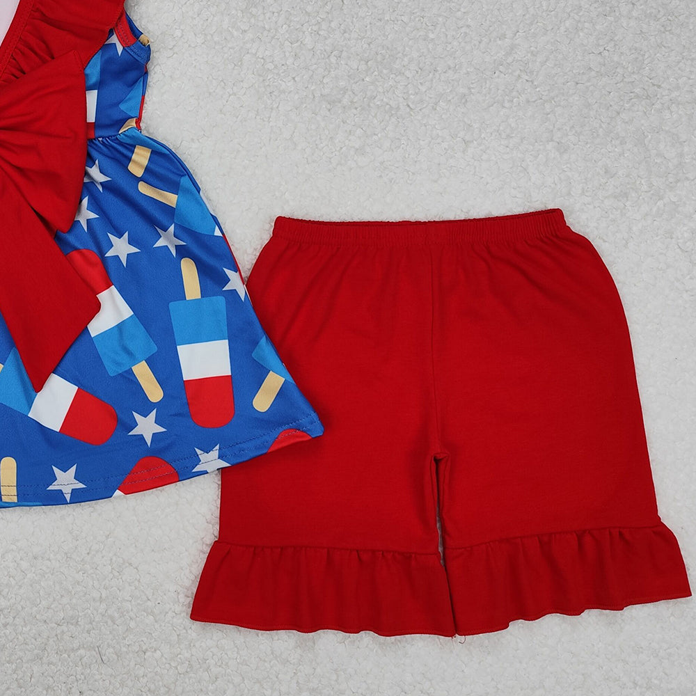 GSSO1765Girls Blue Stars Popsicle Ruffle Tunic Shorts Outfit 4th of July Patriotic Clothing Set for Kids