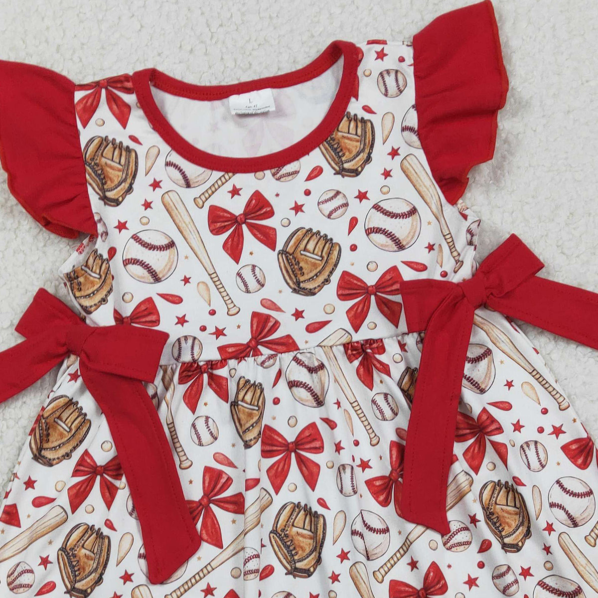 1.24 RTS NO MOQ （In stock）GSD3455 Baby Girls Flutter Sleeve Baseballs Bows Team Knee Length Dresses