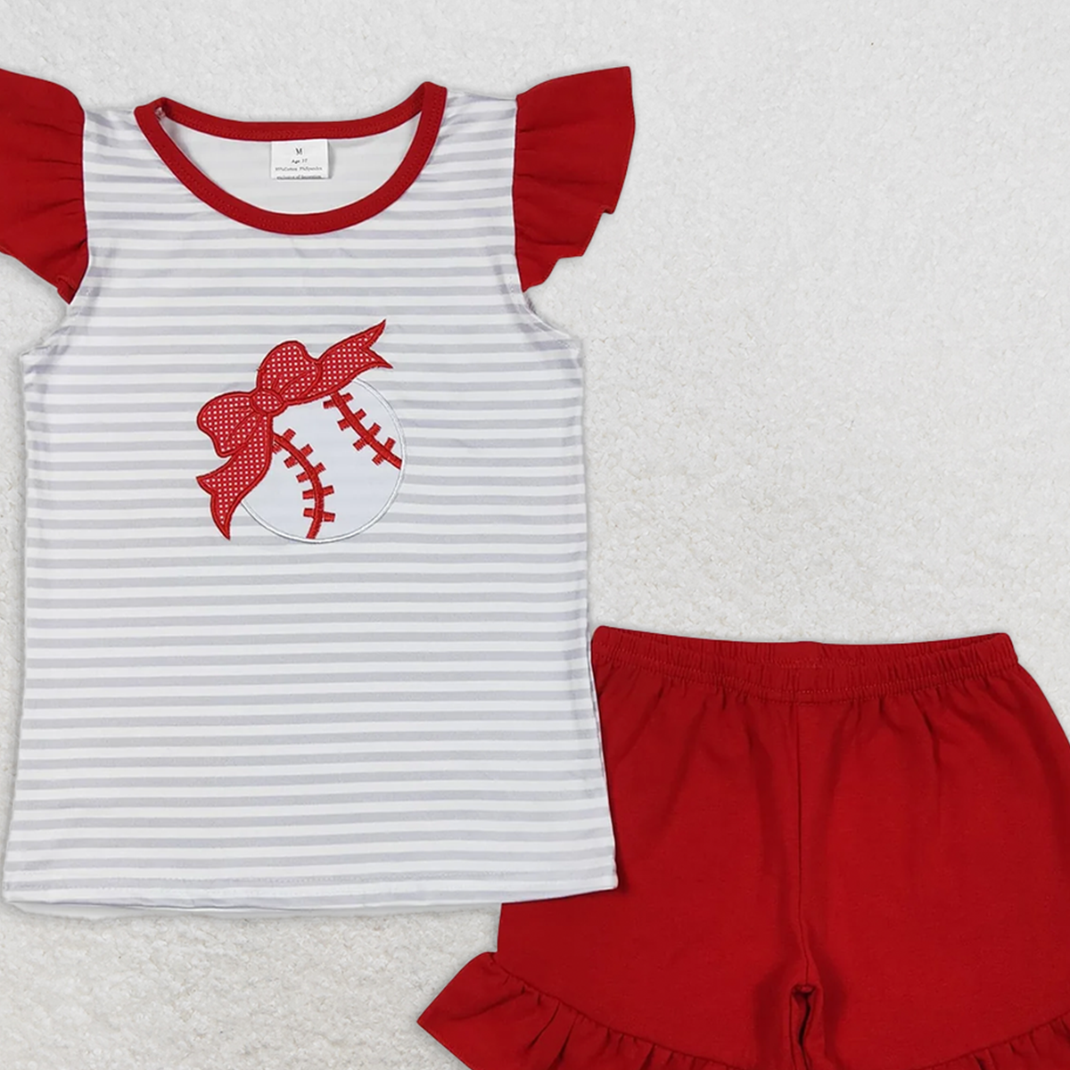 GSSO0605  RTS NO MOQ Baby Girls Summer Outfits Stripe baseball shirt ruffle shorts girls clothing