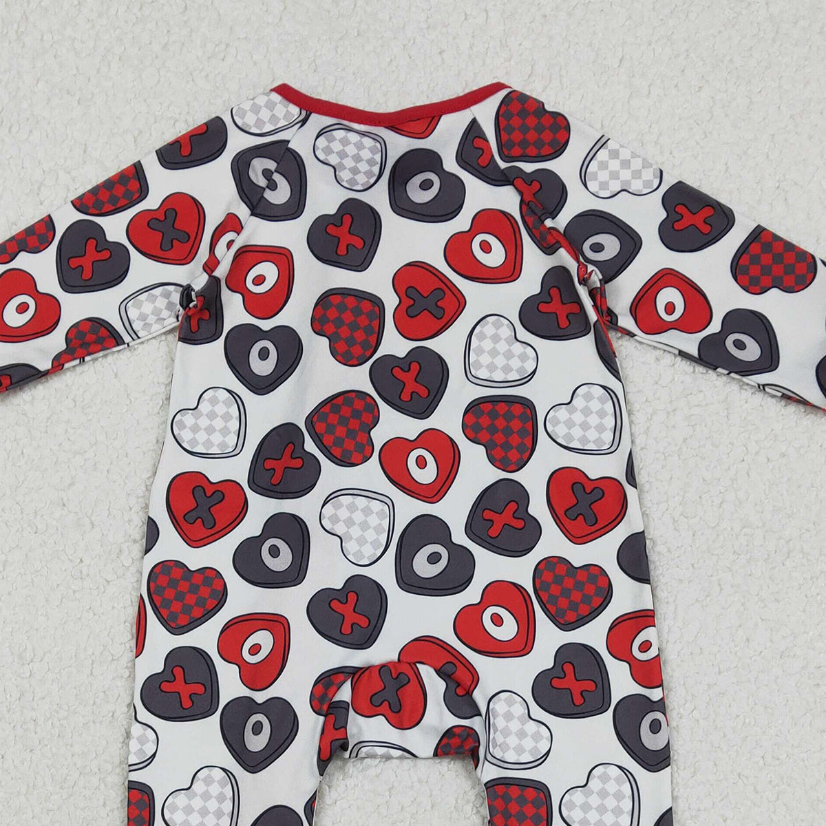 12.10 RTS NO MOQ （In stock）LR2882 Baby Girls Winter Rompers Baby Girls Hearts XOXO Valentines Two Way Zip Convertible Rompers