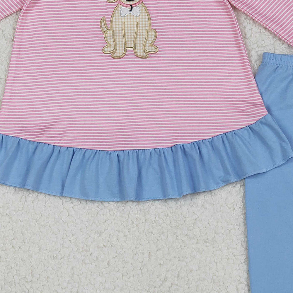 9.30 RTS NO MOQ （In stock）GLP2725 Baby Girls Winter Outfits Embroidery Dog Baby Girls Pink Stripe Tunic Blue Leggings Clothes Set