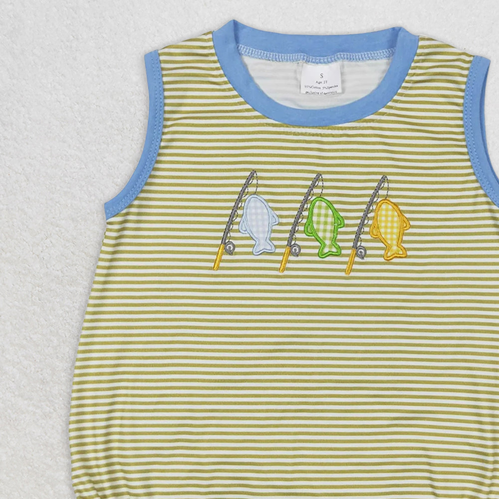SR1281 RTS NO MOQ Baby Boys Summer Rompers Baby Boys Stripes Fishing Sibling Embroidery Summer Rompers Clothes Sets