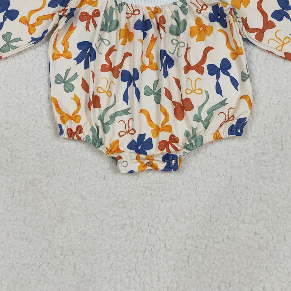 USA Shop (in stock)LR2257 Baby Girls Winter Rompers Baby Girls Smocked Thankful Colorful Bows Ruffle Rompers