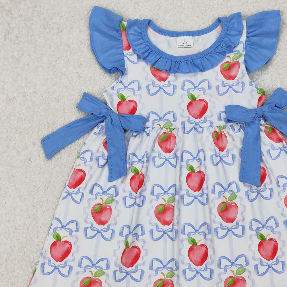 GSD1966 RTS NO MOQ Kids Girls 4th of July Dresses with Flutter Sleeves Bow Apple Design for Children's Clothing