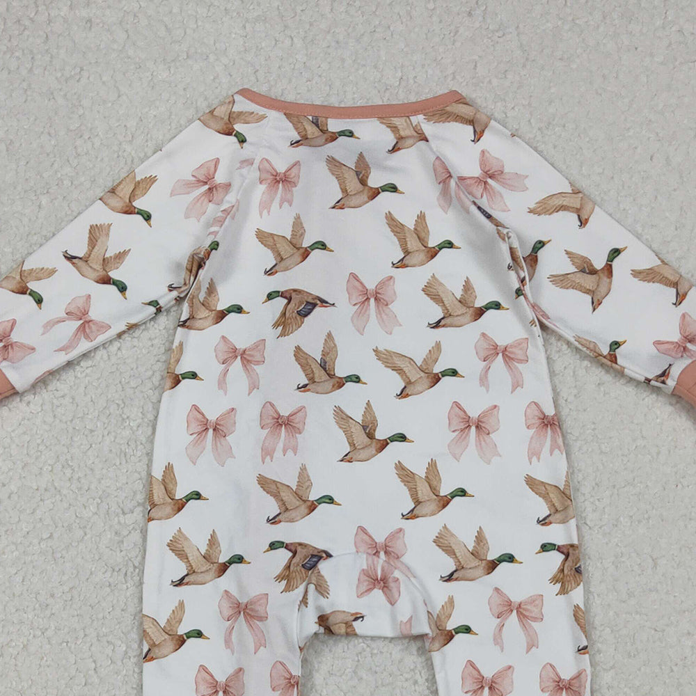 10.1 RTS NO MOQ （In stock）LR2545 Baby Girls Winter Rompers Baby Girls Ducks Bows Plaid Ruffle Zipper Footie Rompers