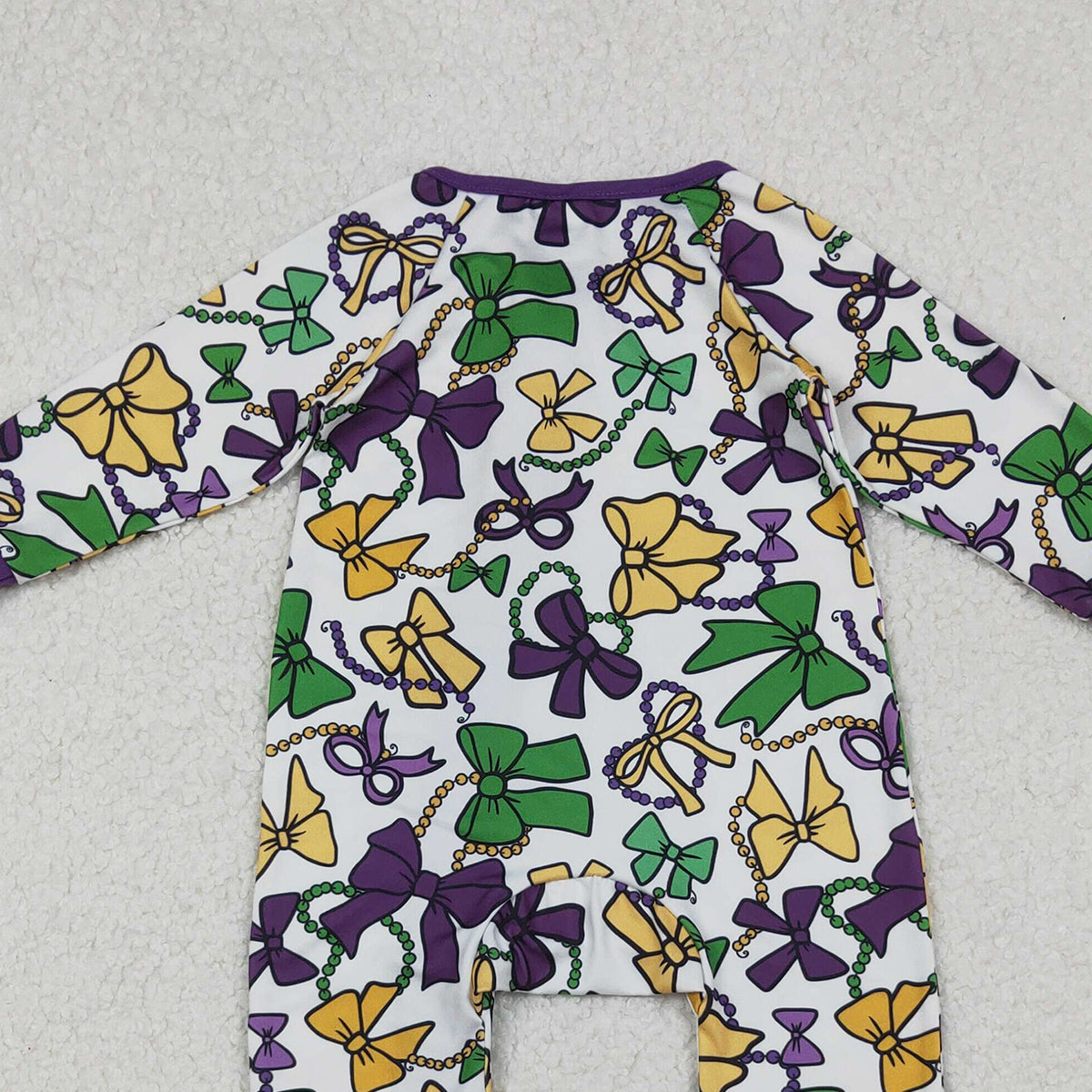 10.13 RTS NO MOQ （In stock）LR2678 Baby Girls Winter Rompers Baby Girls Mardigras Bows Masks Zipper Footie Rompers