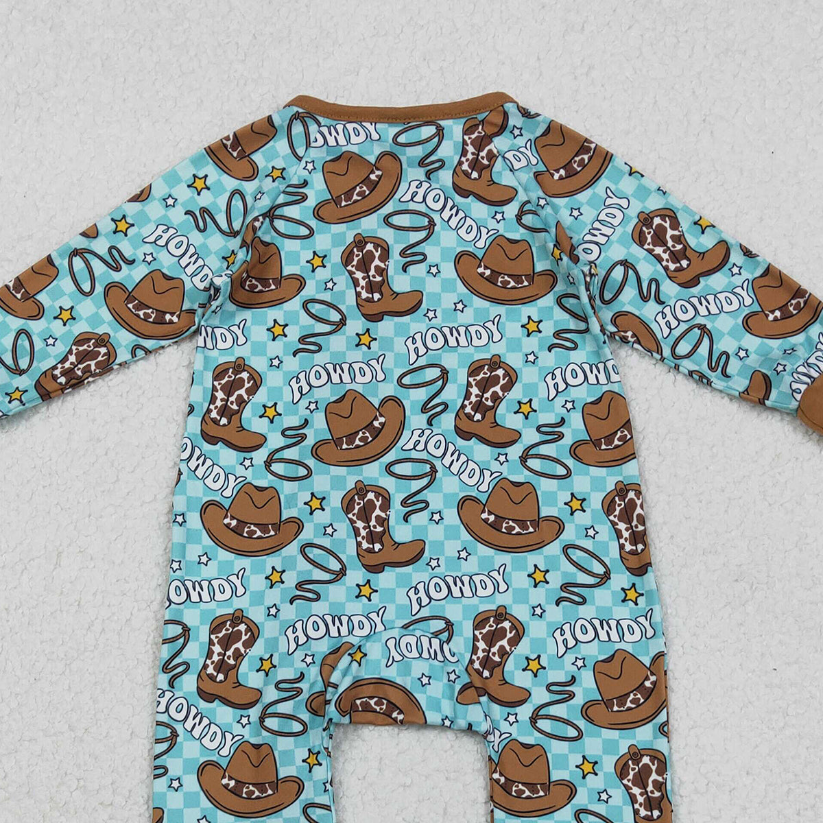 11.3 RTS NO MOQ （In stock）LR2517 Baby Boys Winter Rompers Baby Boys Howdy Hats Boots Western Checked Zipper Footie Rompers