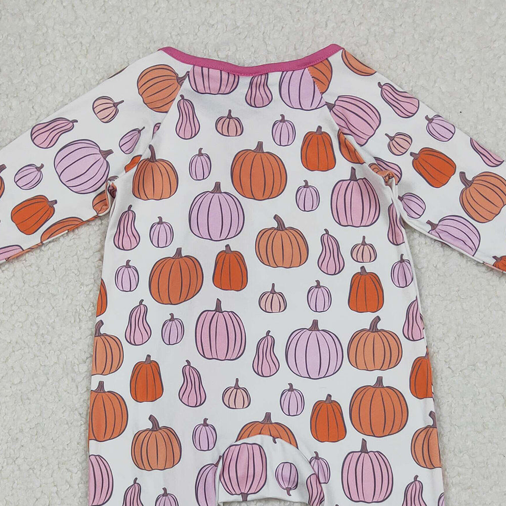 RTS NO MOQ （In stock） LR2566 Baby Girls Winter Rompers Colorful Pumpkins Fall Ruffle Zipper Footie Rompers