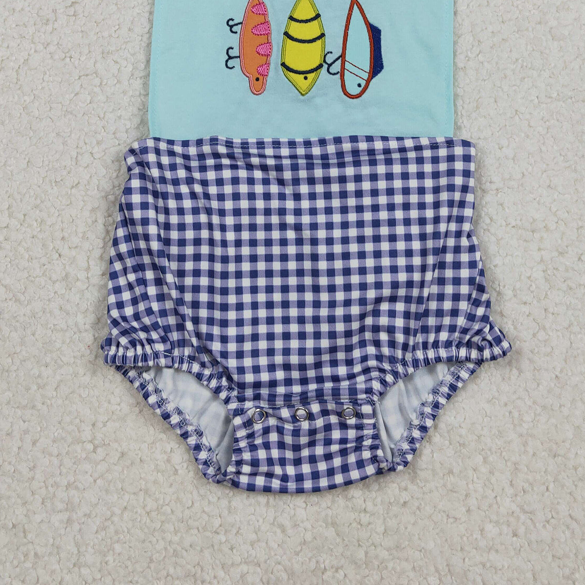 12.12 RTS NO MOQ （In stock）SR3413 Baby Boys Rompers Embroidery Fishing Baby Boys Checked Strap Hunting Rompers
