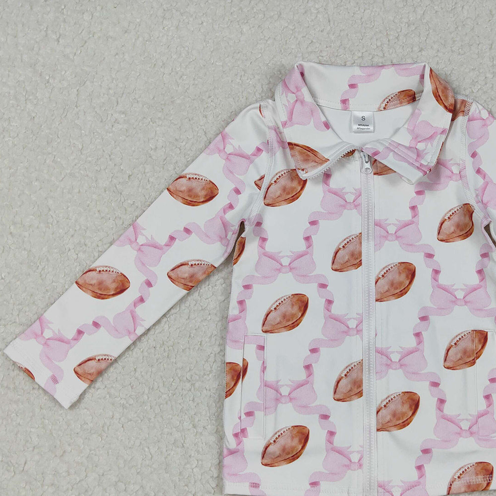RTS NO MOQ （In stock）GT1088 Baby Girls Yoga Tops  Long Sleeves Pink Bow Football Zipper Yoga Top
