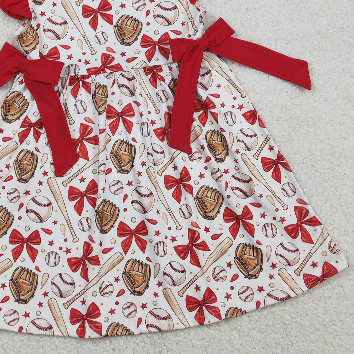 1.24 RTS NO MOQ （In stock）GSD3455 Baby Girls Flutter Sleeve Baseballs Bows Team Knee Length Dresses