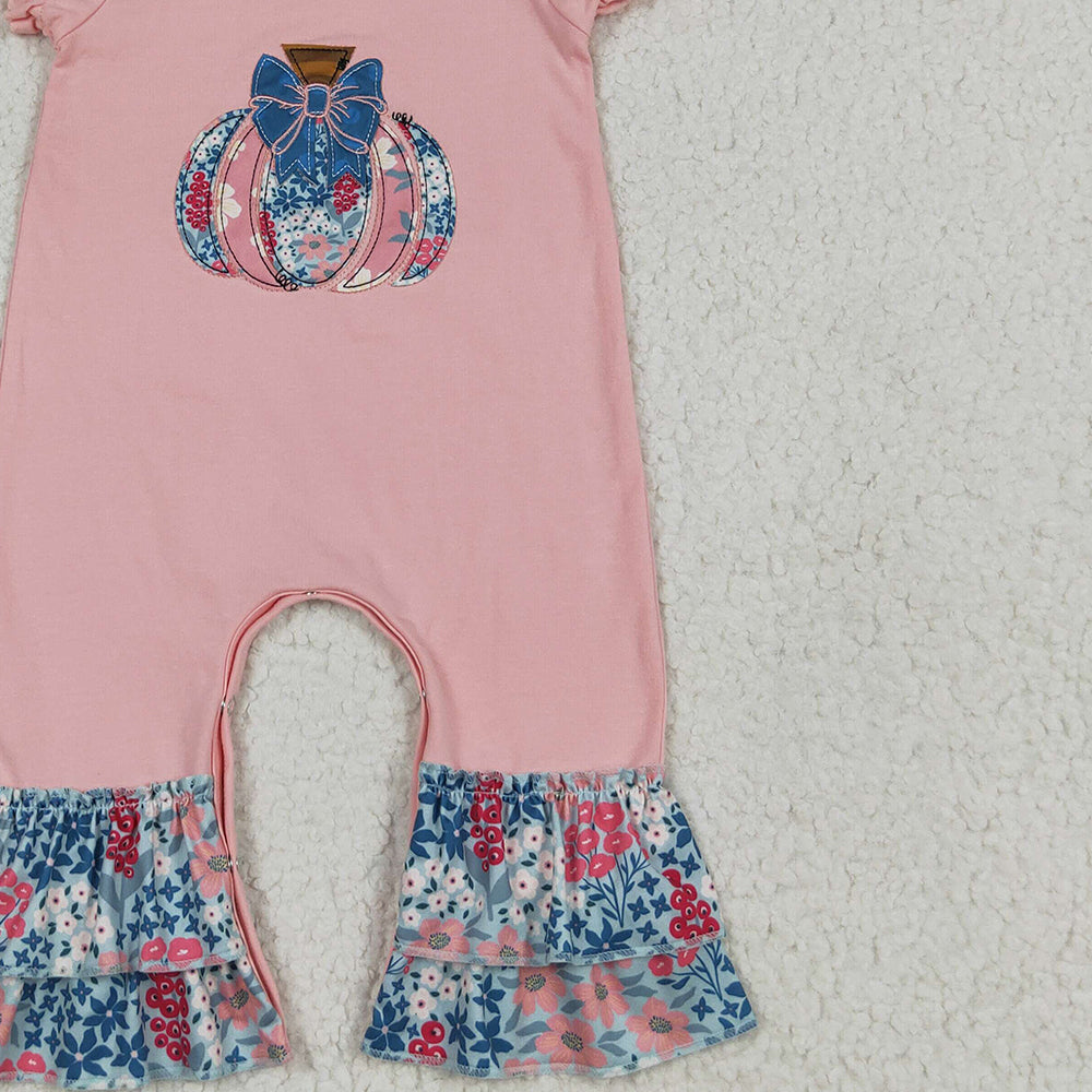 8.15 RTS NO MOQ （In stock） SR3112 Baby Girls Summer Rompers Embroidery Baby Girls Pink Short Ruffle Sleeves Floral Pumpkins Rompers