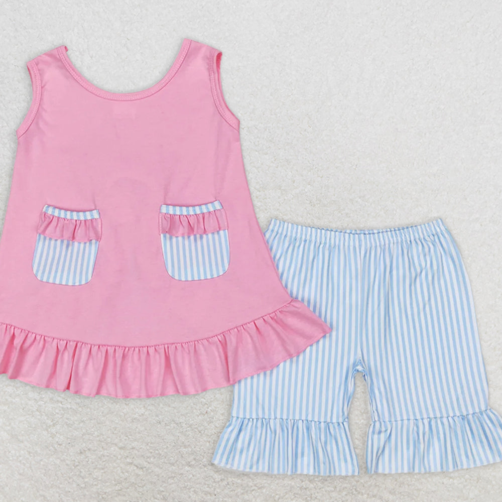 GSSO0438RTS NO MOQ Baby Girls Summer Outfits Pink cotton tunic ruffle shorts girls summer clothes