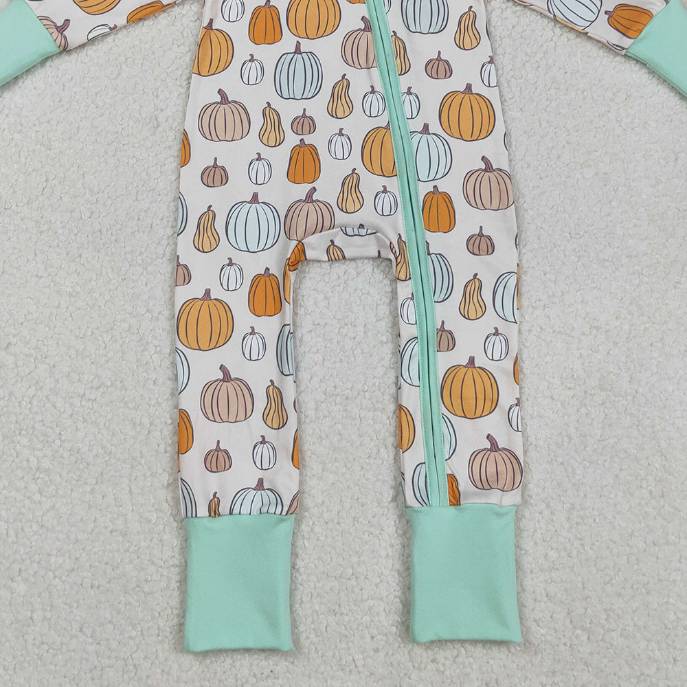 RTS NO MOQ （In stock）LR2565 Baby Boys Winter Rompers Green Pumpkins Fall Zipper Footie Rompers for Infants
