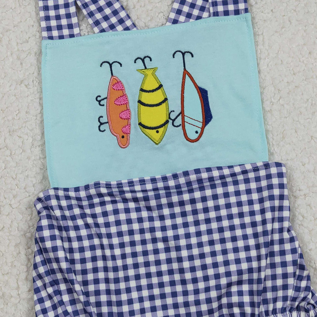 12.12 RTS NO MOQ （In stock）SR3413 Baby Boys Rompers Embroidery Fishing Baby Boys Checked Strap Hunting Rompers