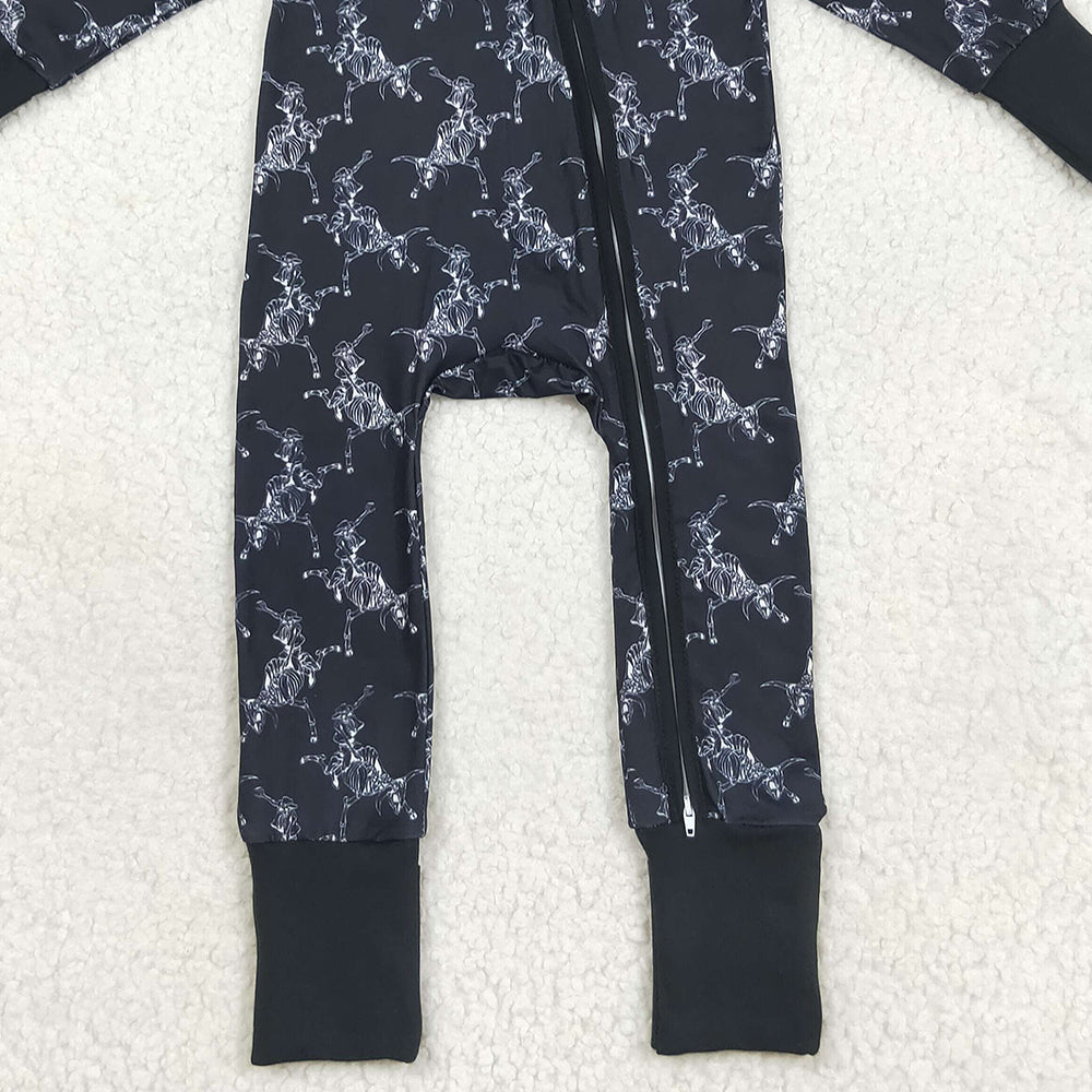RTS NO MOQ （In stock）LR2466 Baby Boys Winter Rompers Baby Boys Black Horse Rodeos Western Zipper Pant Rompers