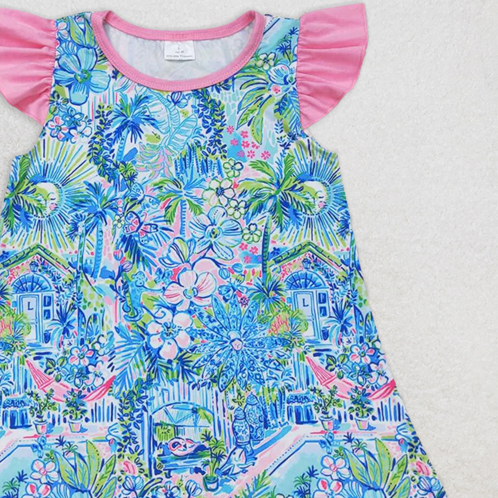 GT0563  RTS NO MOQ Baby Girls Summer Tops Pink flutter sleeves watercolor floral girls shirt
