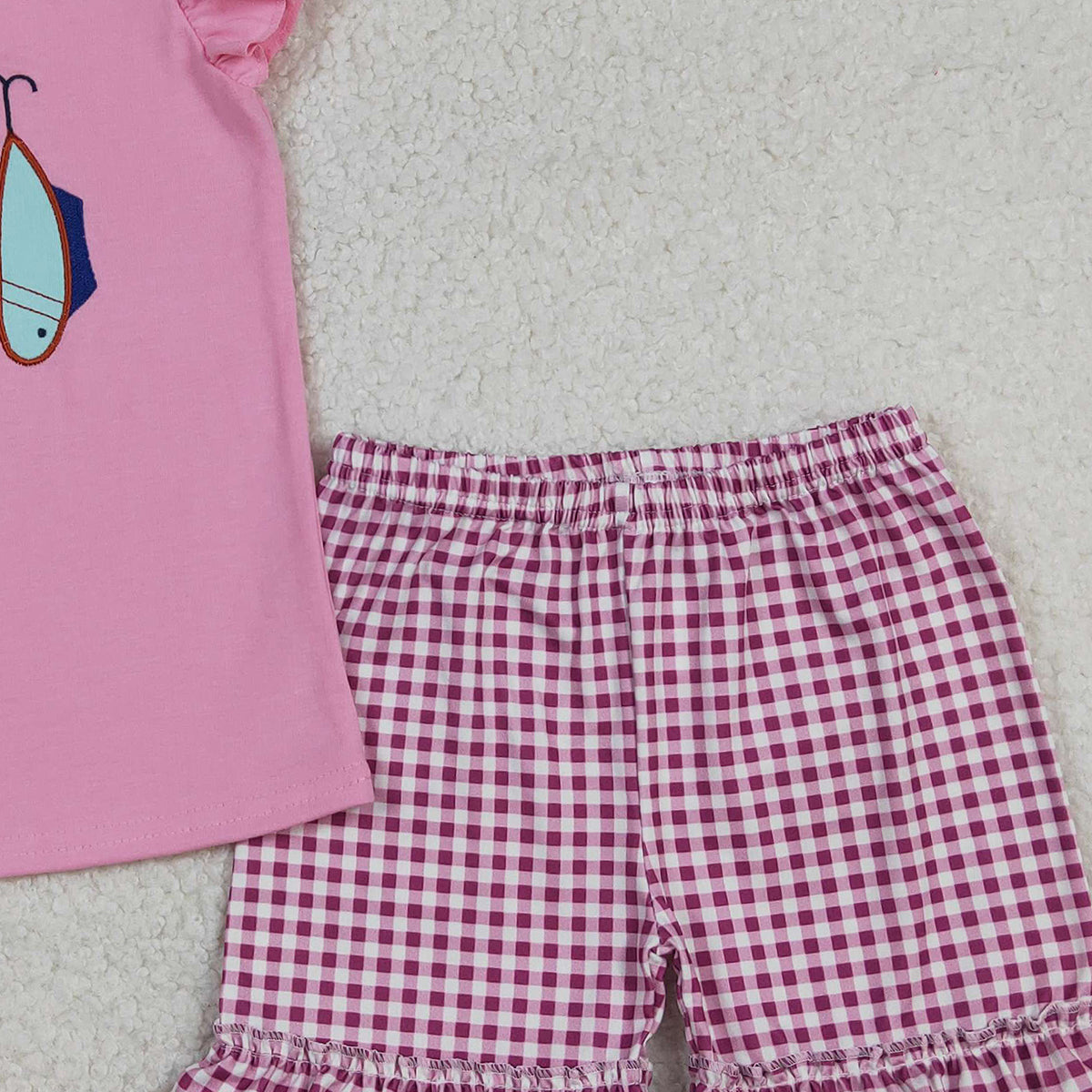 12.23 RTS NO MOQ （In stock）GSSO2795 Embroidery Fishing Baby Girls Shirt Checked Ruffle Shorts Hunting Clothes Sets