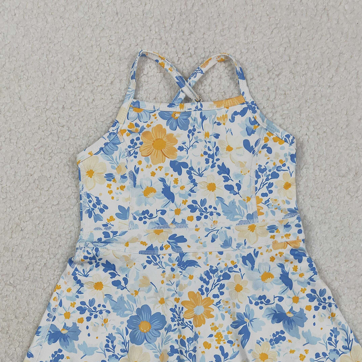 3.12 RTS NO MOQ （In stock）GSD3565 Kids Fashion Clothes Baby Girls Strap Colorful Flowers Yoga Active Shorts Ruffle Knee Length Dress