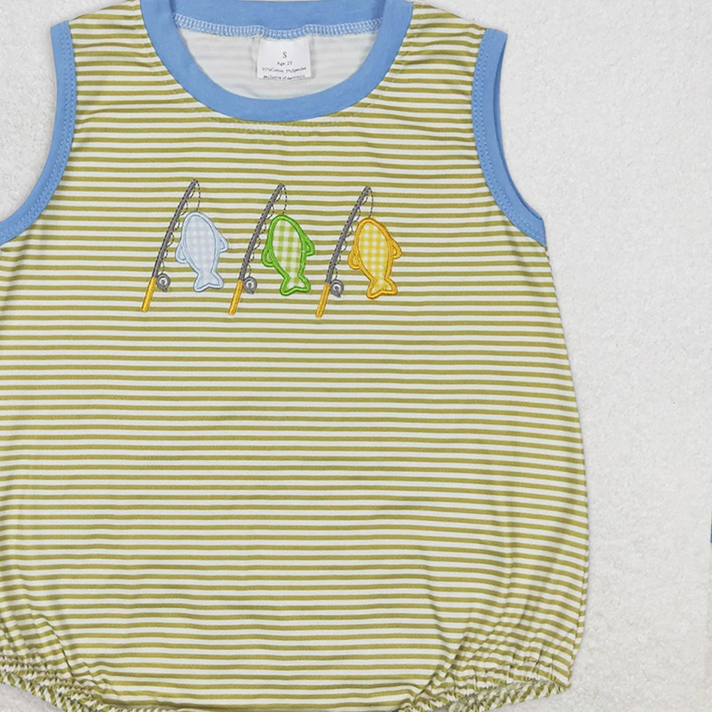 SR1281 RTS NO MOQ Baby Boys Summer Rompers Baby Boys Stripes Fishing Sibling Embroidery Summer Rompers Clothes Sets