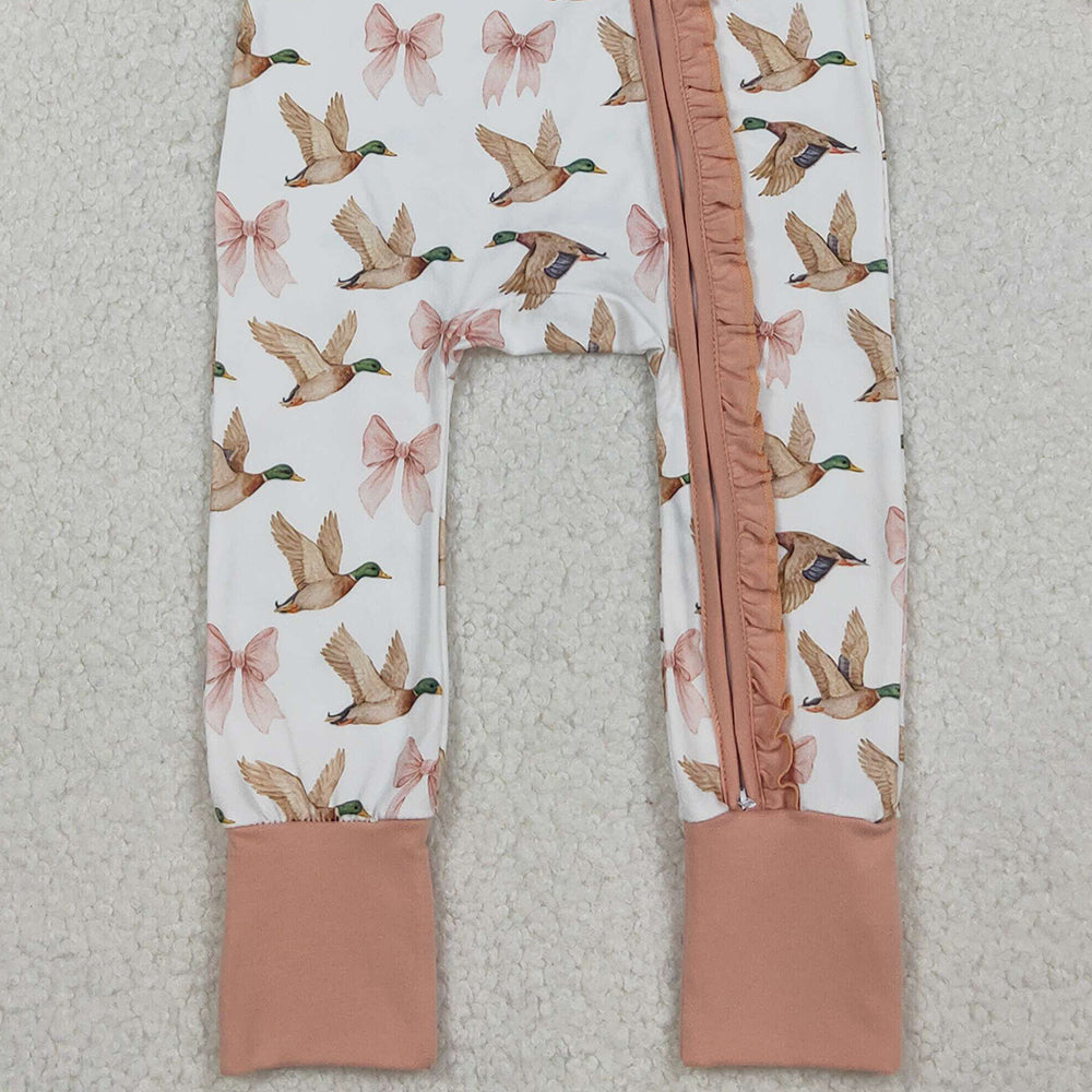 10.1 RTS NO MOQ （In stock）LR2545 Baby Girls Winter Rompers Baby Girls Ducks Bows Plaid Ruffle Zipper Footie Rompers