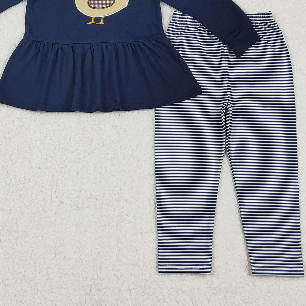 RTS NO MOQ （In stock）GLP2595 Baby Girls Winter Outfits Girls Navy Duck Long Sleeve Top with Stripe Leggings – Outfits for Ages Comfortable Clothing Set