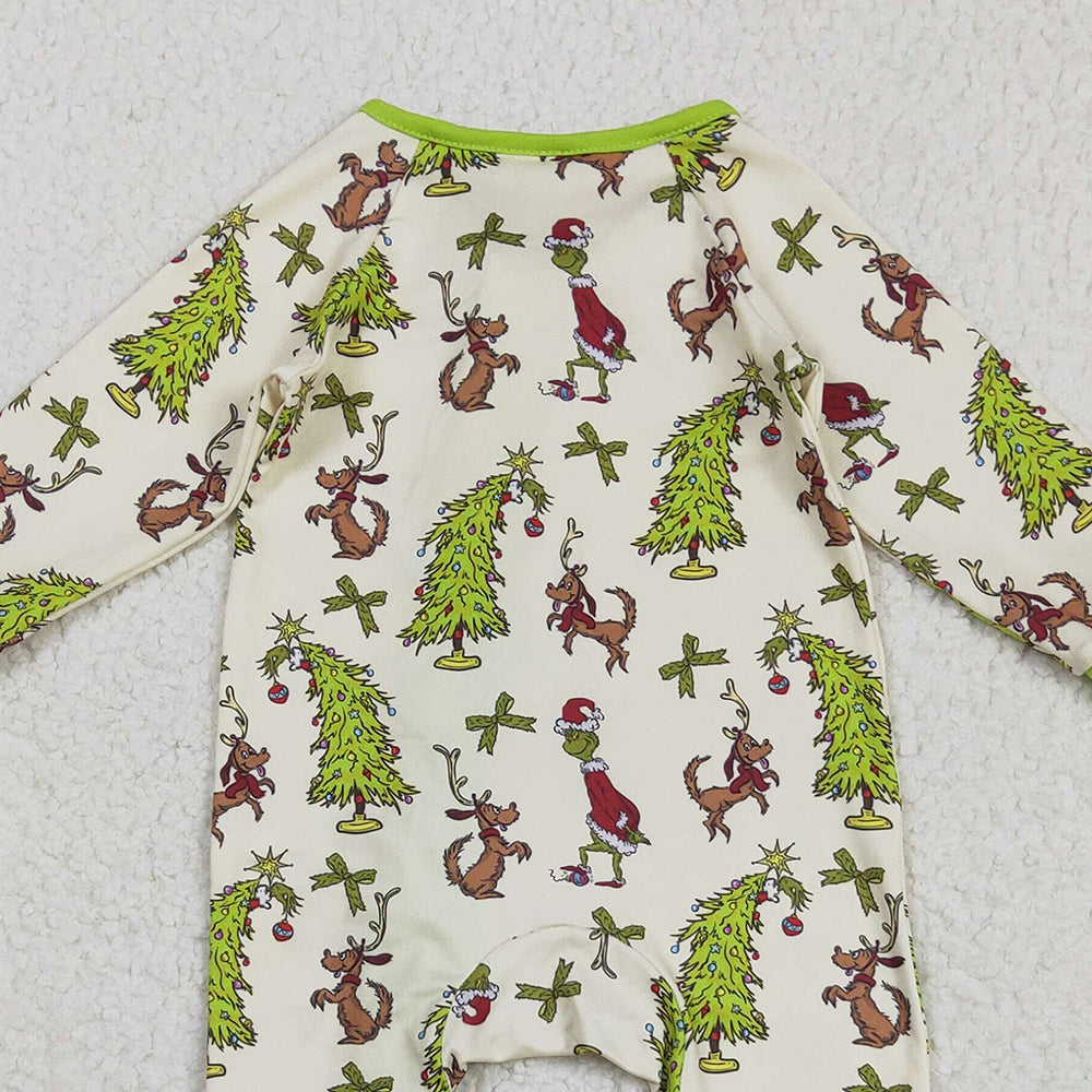 RTS NO MOQ （In stock）LR2481 Baby Boys Winter Rompers Baby Boys Christmas Trees Dogs Zipper Footie Rompers