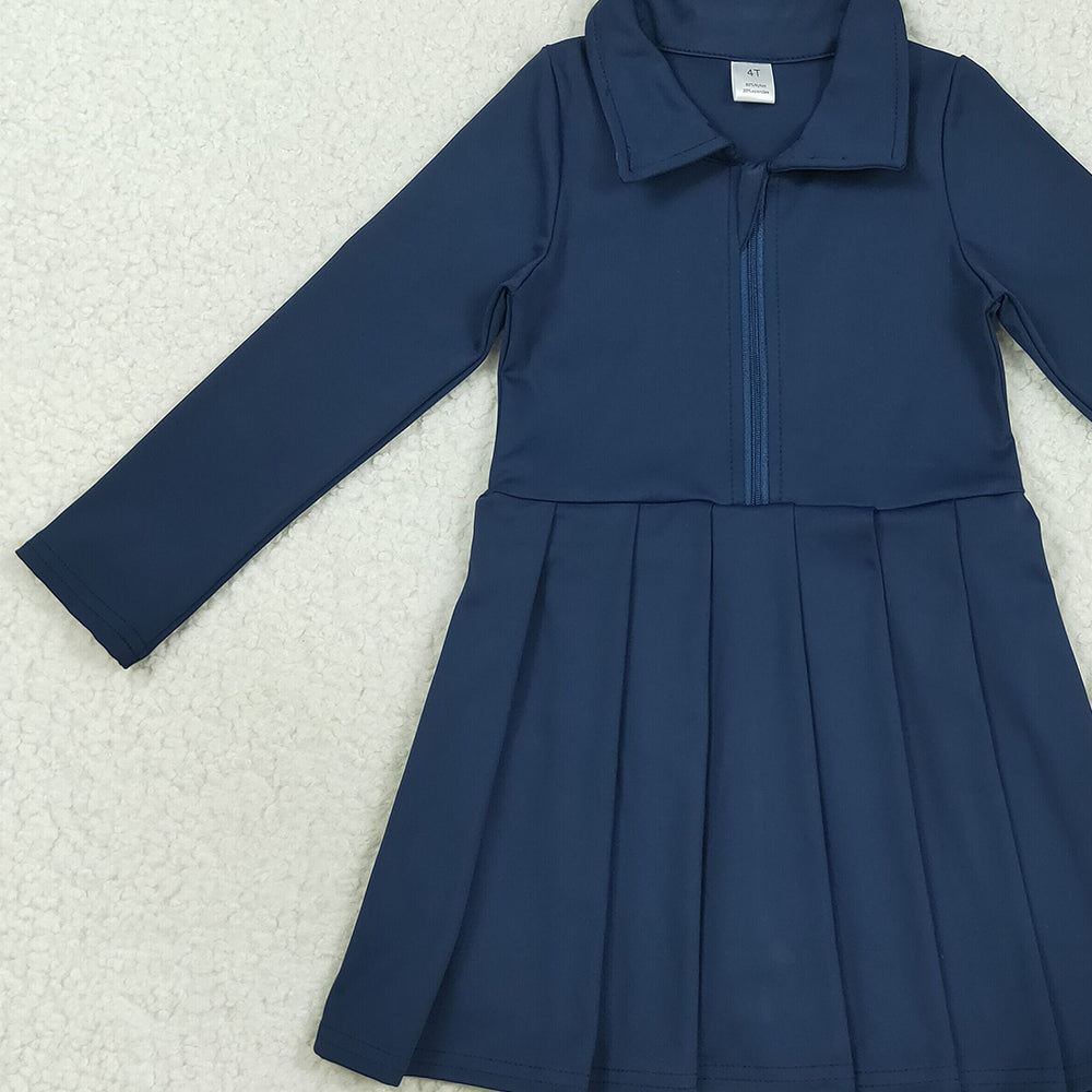 RTS NO MOQ （In stock）GLD1151 Baby Girls Yoga Dress Baby Girls Navy Long Sleeves Zipper Yoga Knee Length Dresses