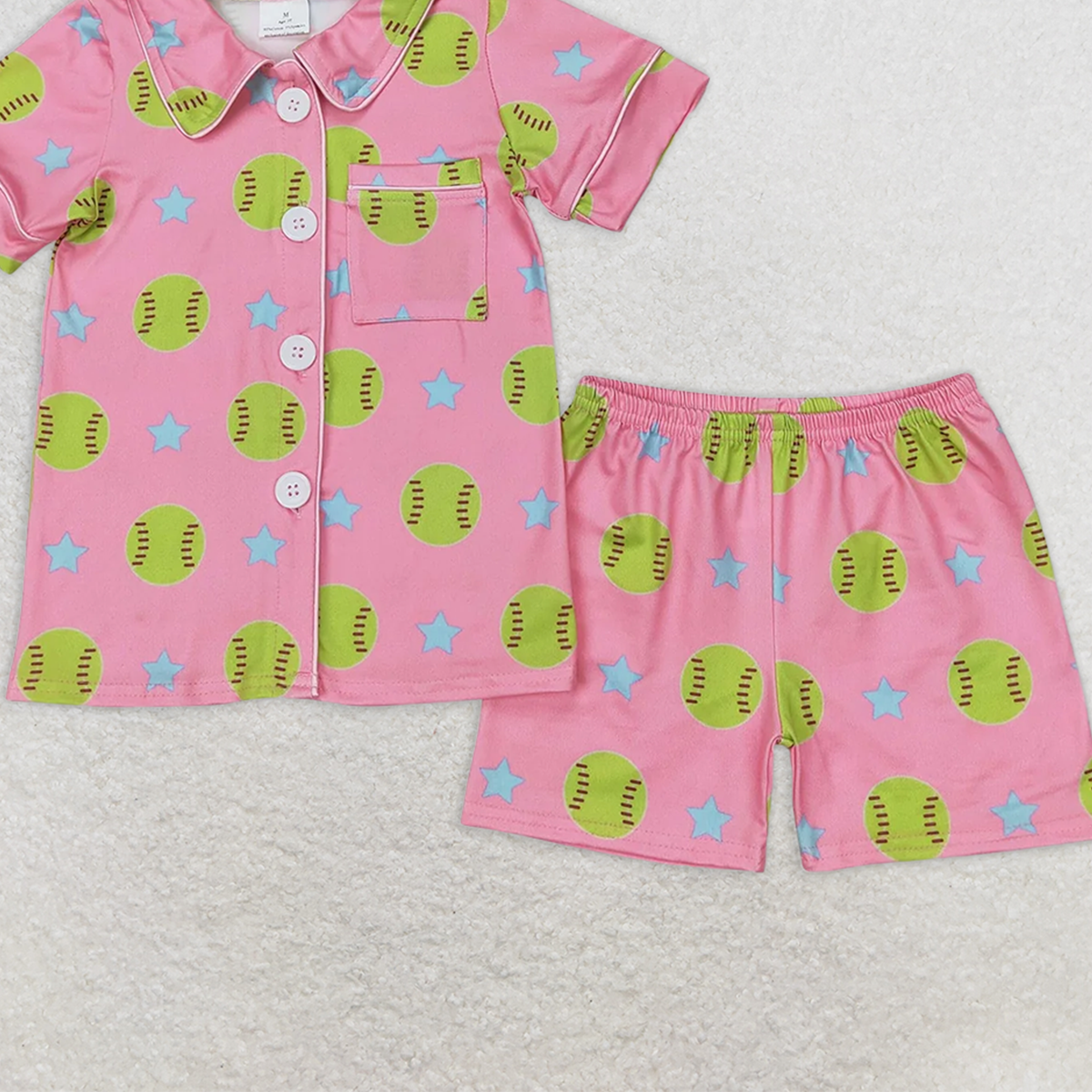 GSSO2203RTS NO MOQ Baby Girls Summer Pajamas Outfits Kids Girls Short Sleeve Pink Softball Button down Pajamas Lightweight Sleepwear for Children