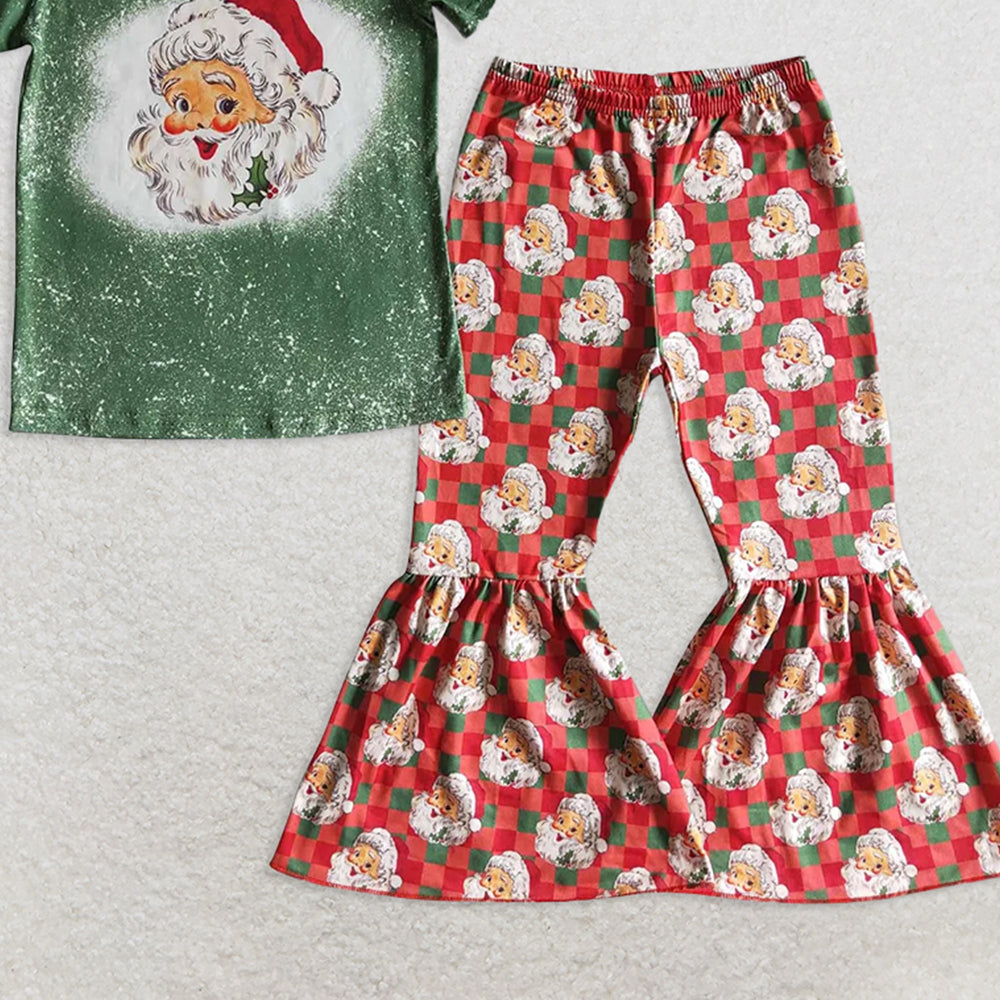 GSPO0182 RTS NO MOQ Baby Girls Spring Outfits Girls Santa Claus green short-sleeved trousers suit