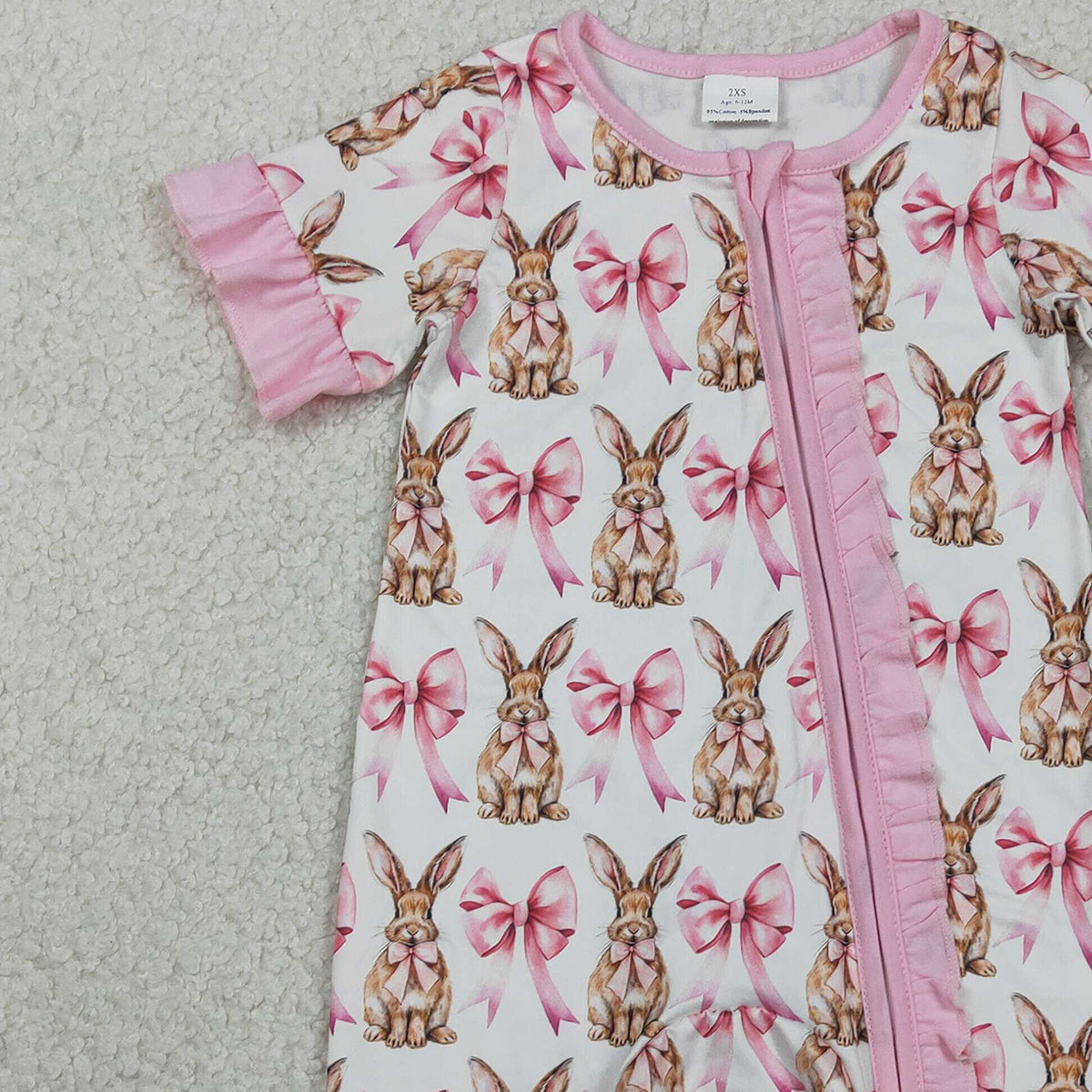 2.2 RTS NO MOQ （In stock）SR2020 Baby Girls Short Sleeve Bows Rabbits Easter Ruffle Zipper Rompers