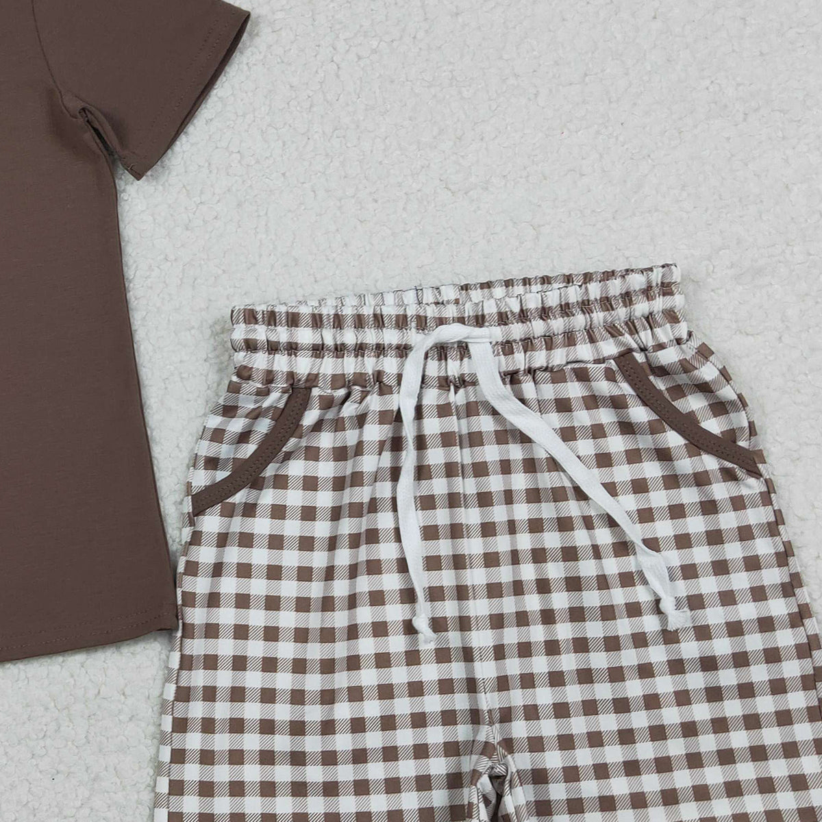 1.16 RTS NO MOQ （In stock）BSSO1637 Embroidery Dogs Baby Boys Brown Top Checked Pockets Shorts Hunting Clothes Sets
