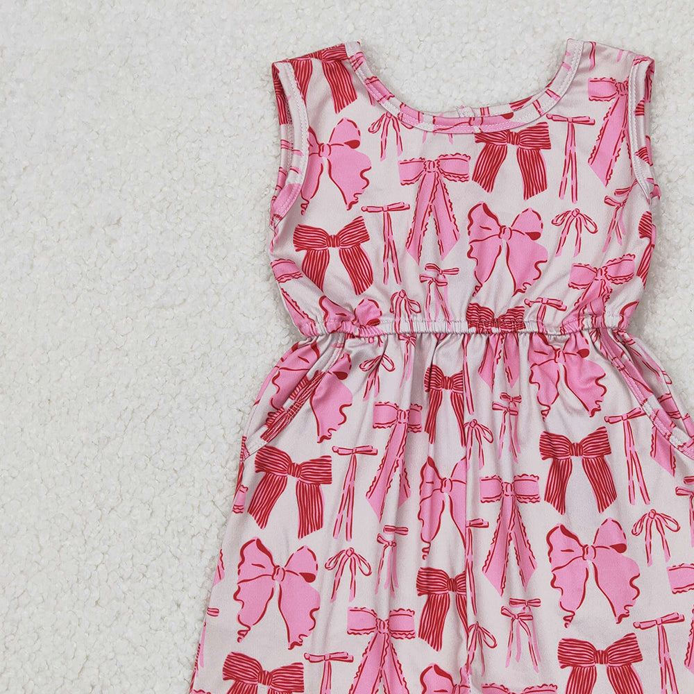 4.17 SR2670 RTS NO MOQ Pink short sleeves bow pocket girls summer jumpsuit