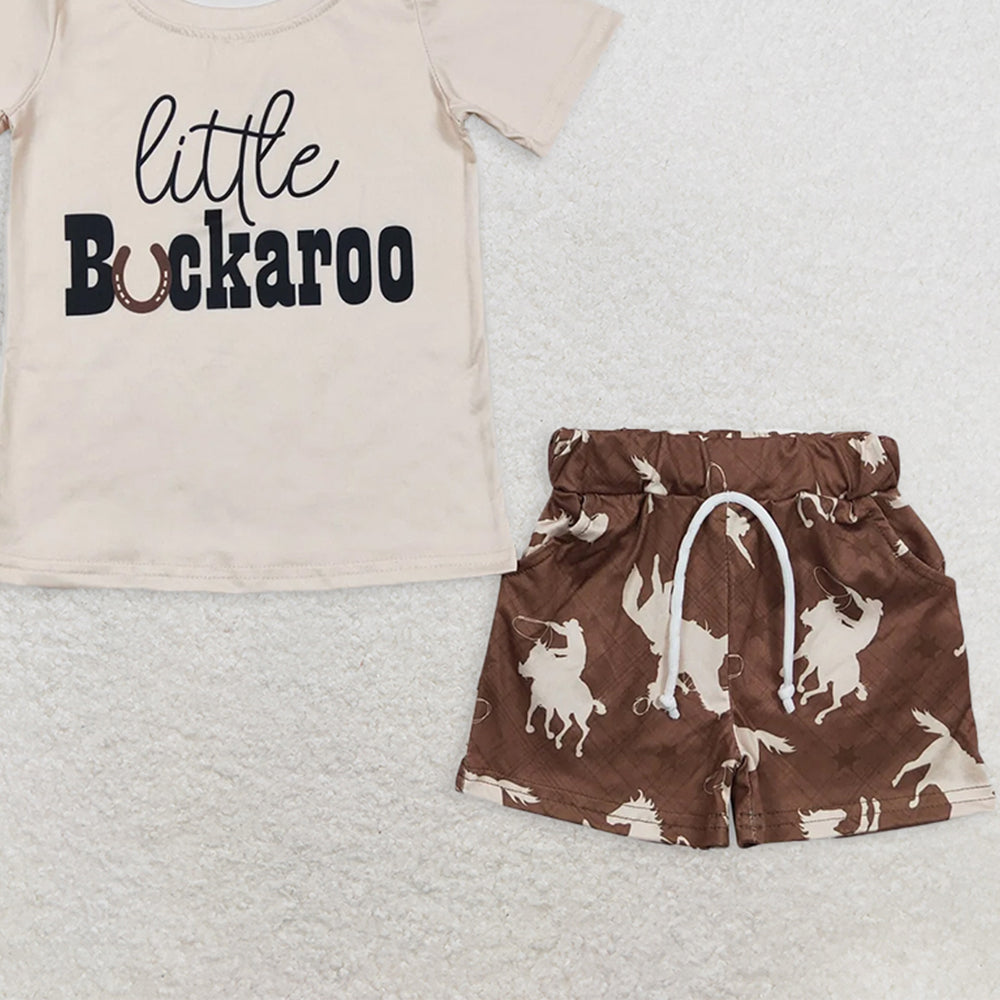 BSSO0229 RTS NO MOQ Baby Boys Summer Boys Outfits Baby Boys Rodeo Brown Shorts Sets