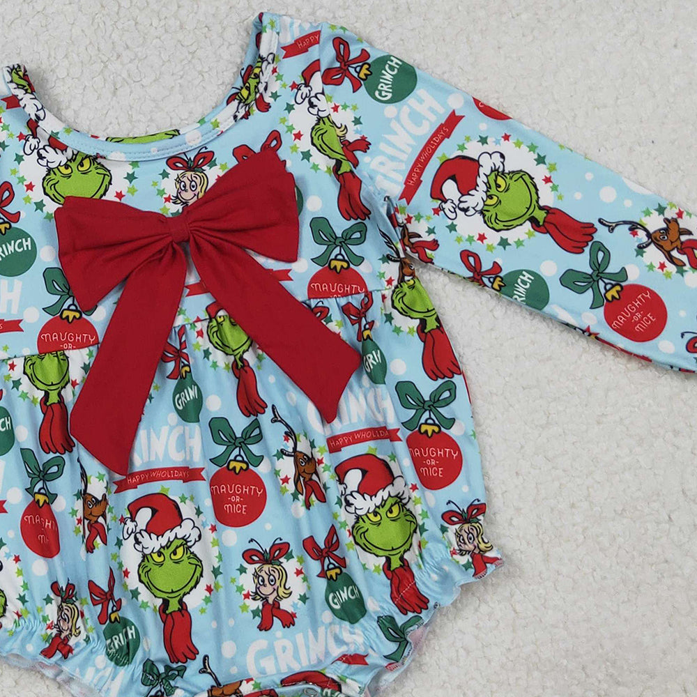 RTS NO MOQ （In stock） LR2575 Baby Girls Winter Rompers Christmas Green Face Holly Ruffle Rompers