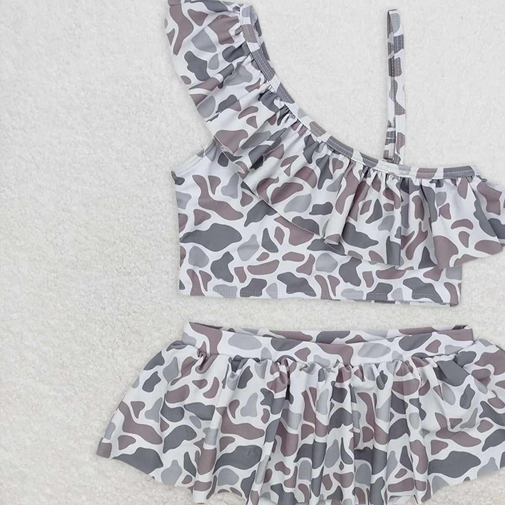 S0457  RTS NO MOQ Baby Girls Summer Swimsuits Baby Girls Grey Camo Ruffle Top Bummie 2pcs Swimsuits