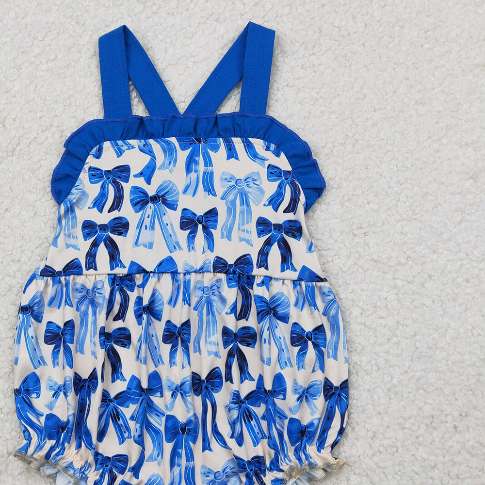 4.14 SR2919 RTS NO MOQ Baby Girls Summer Rompers Blue ruffle straps bows baby girls summer romper