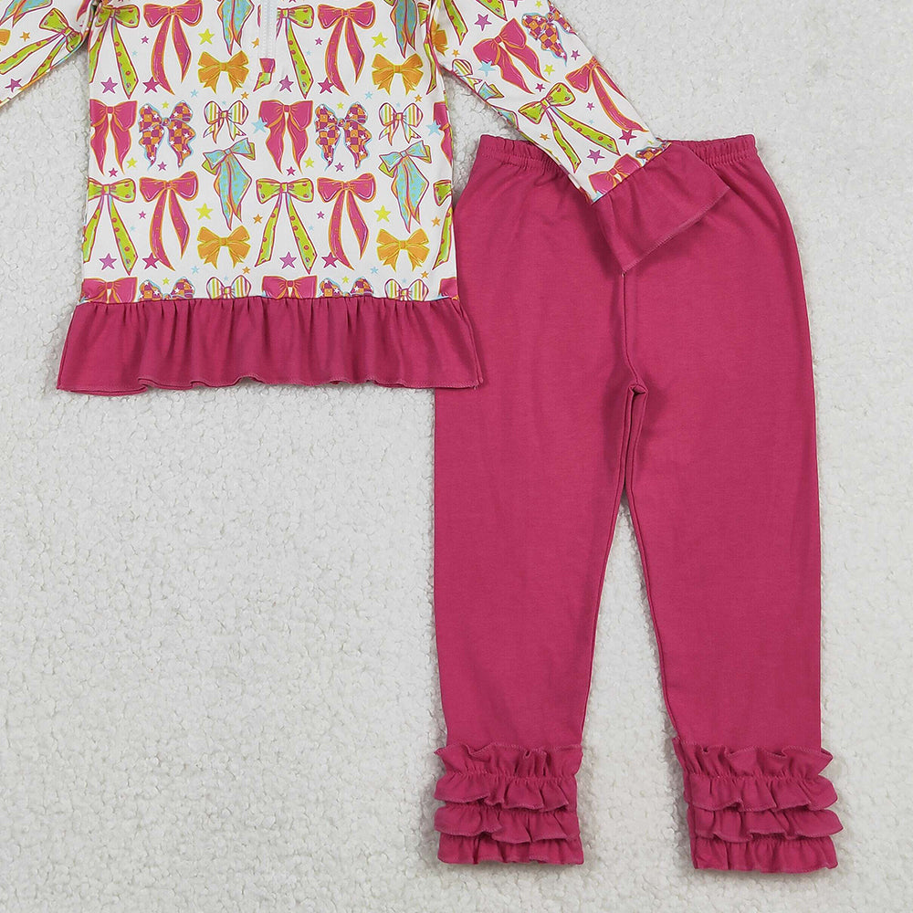 RTS NO MOQ （In stock）GLP2616 Baby Girls Winter Outfits Long Ruffle Sleeves Pink Bows Stars Zipper Top Legging Pants Sets