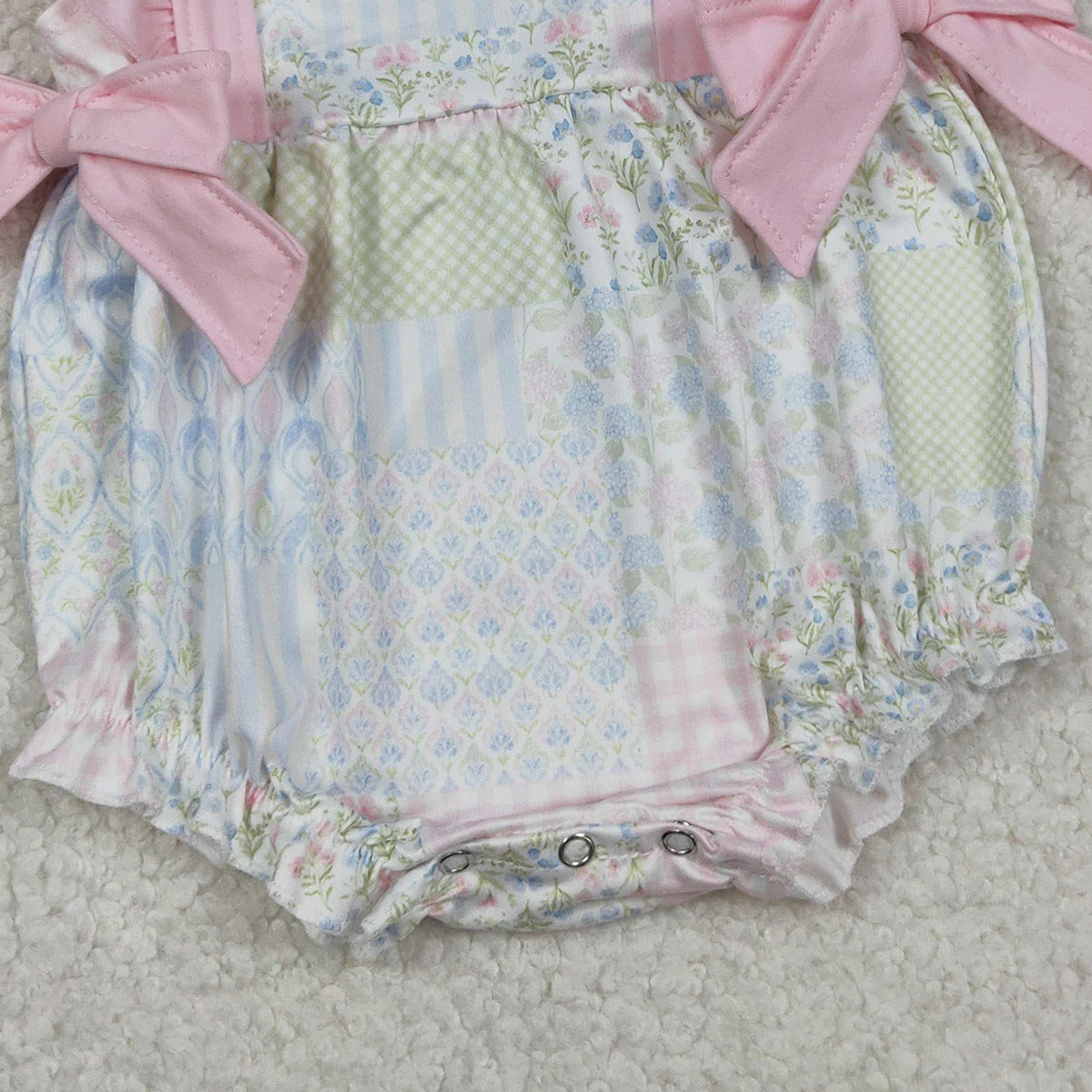 1.31 RTS NO MOQ （In stock）SR3675 Baby Girls Pink Flutter Sleeve Bows Flowers Checked Ruffle Rompers