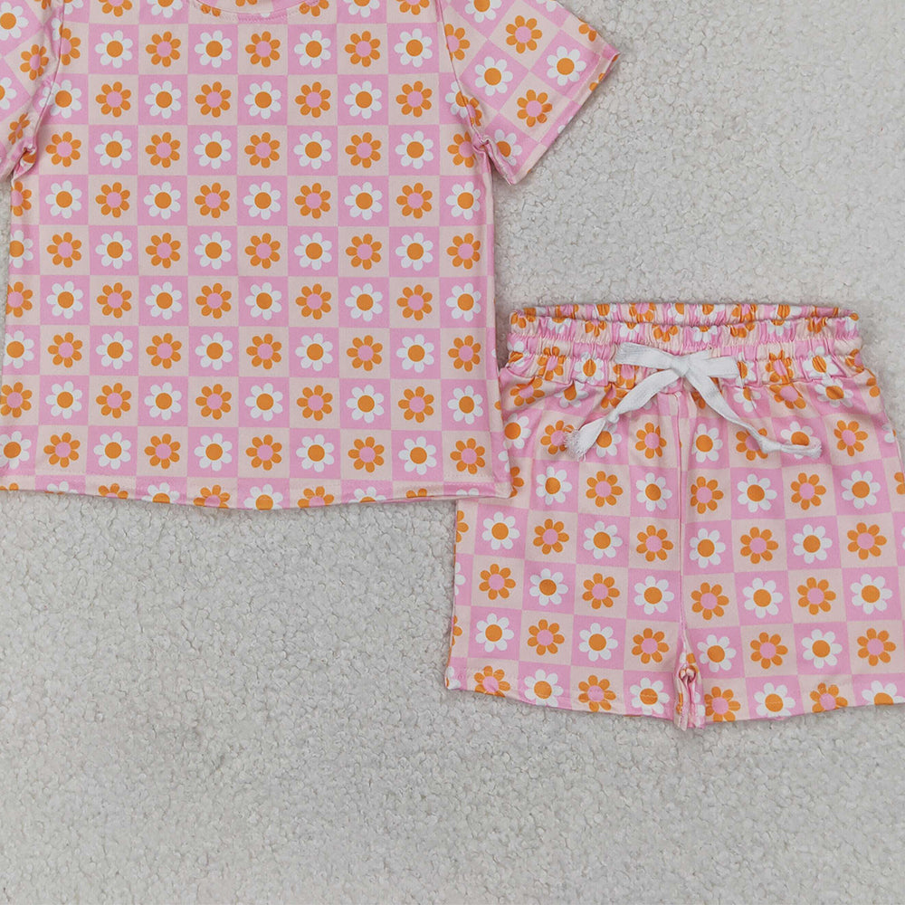 4.09 GSSO2425RTS NO MOQ  Baby Girls Summer Outfits Pink floral plaid top shorts kids girls summer clothes