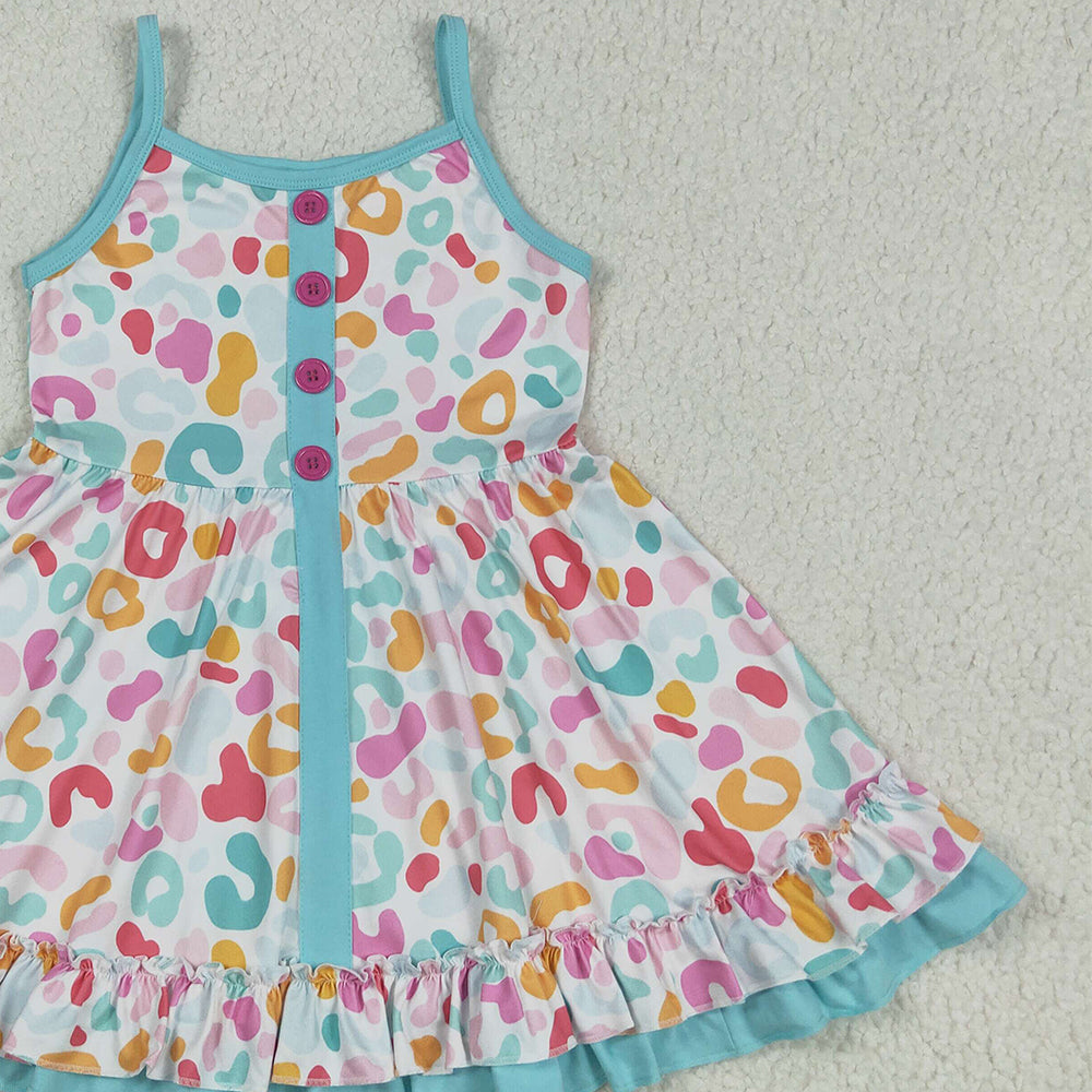 GSD2452 RTS NO MOQ Baby Girls Summer Dress Baby Girls Blue Strap Colorful Leopard Button Knee Length Dresses