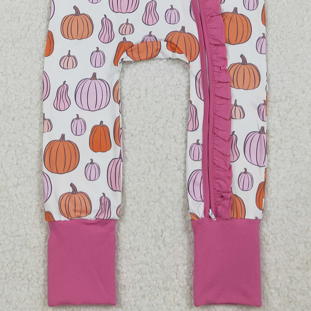 RTS NO MOQ （In stock） LR2566 Baby Girls Winter Rompers Colorful Pumpkins Fall Ruffle Zipper Footie Rompers