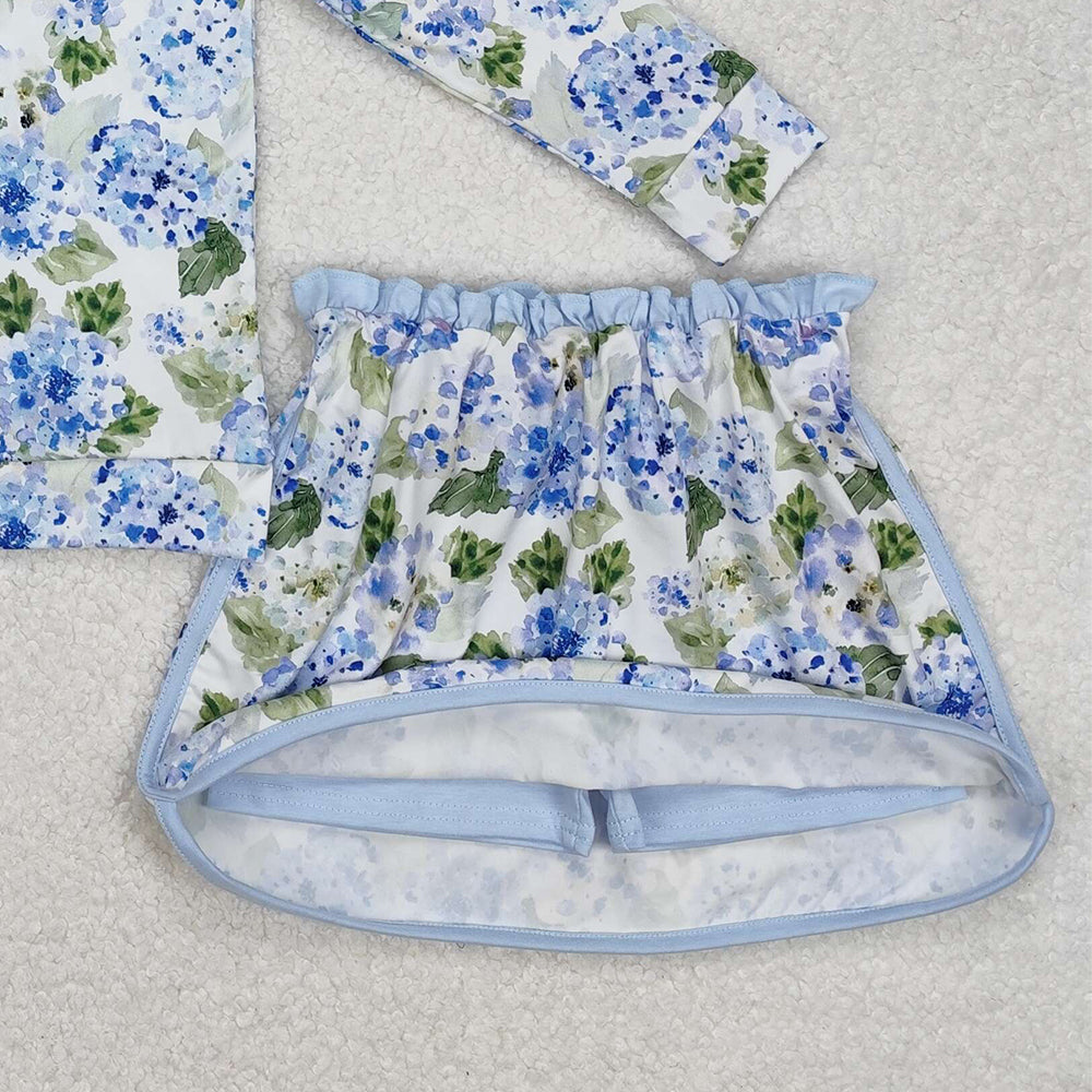 GLD1016Kids Girls Light Blue Floral Long Sleeve Top Skirt Set Cute Floral Print Outfit for Children