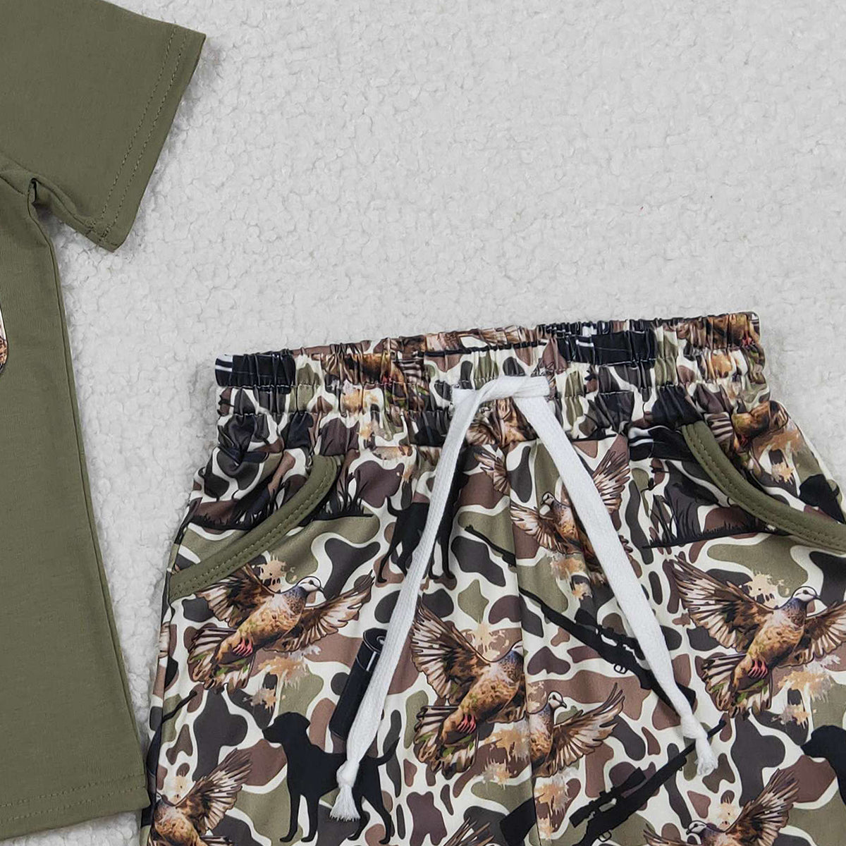 1.27 RTS NO MOQ （In stock）BSSO1847 Baby Boys Shirt Top Ducks Camo Pockets Shorts Hunting Clothes Sets
